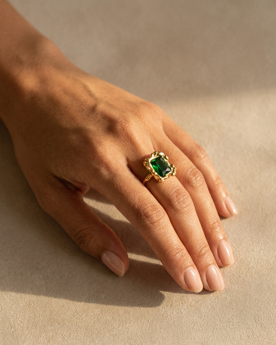 Colette Emerald Ring warm on hand