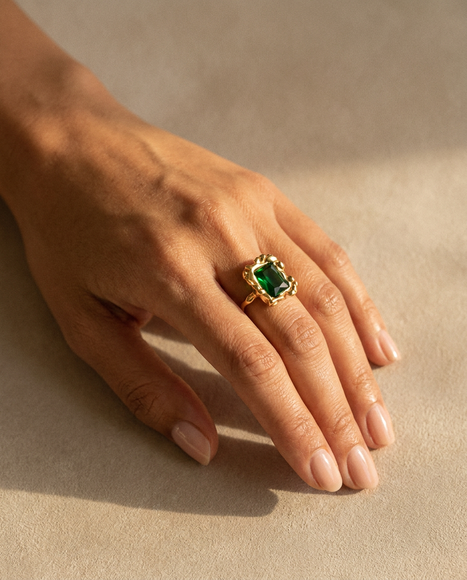 Colette Emerald Ring warm on hand