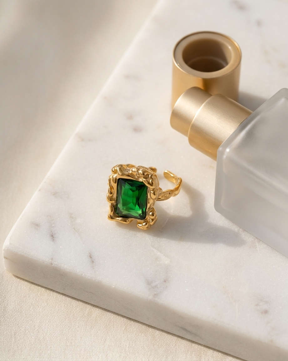 Colette Emerald Ring marble flatlay