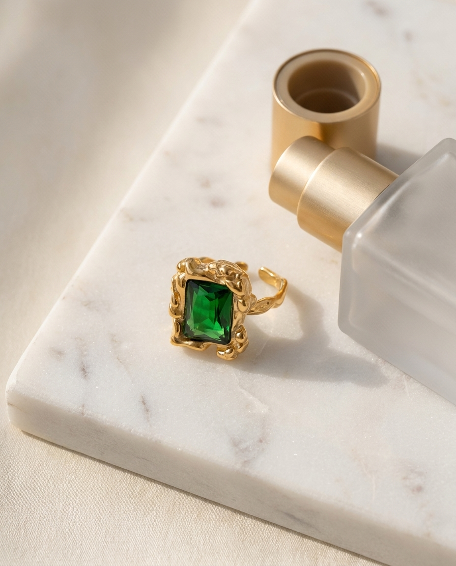 Colette Emerald Ring marble flatlay