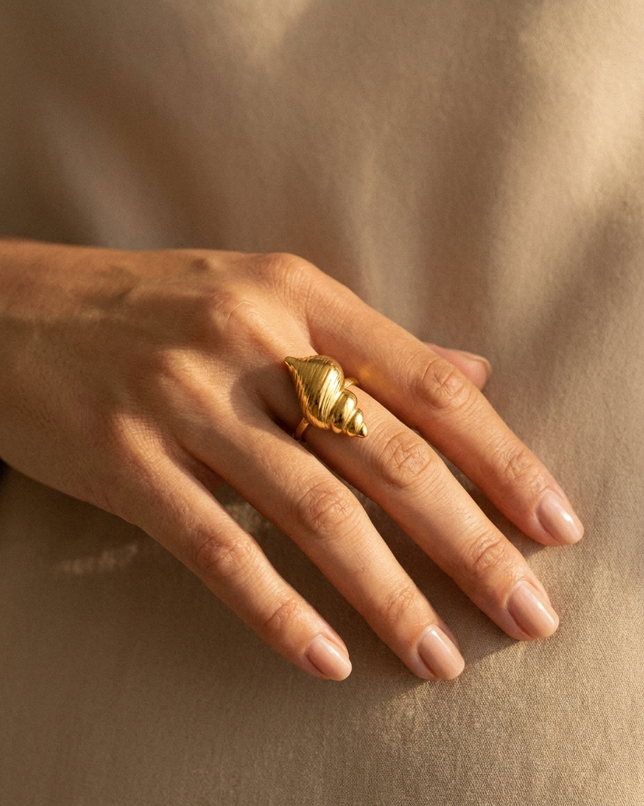 Marisol Golden Seashell Ring warm on hand