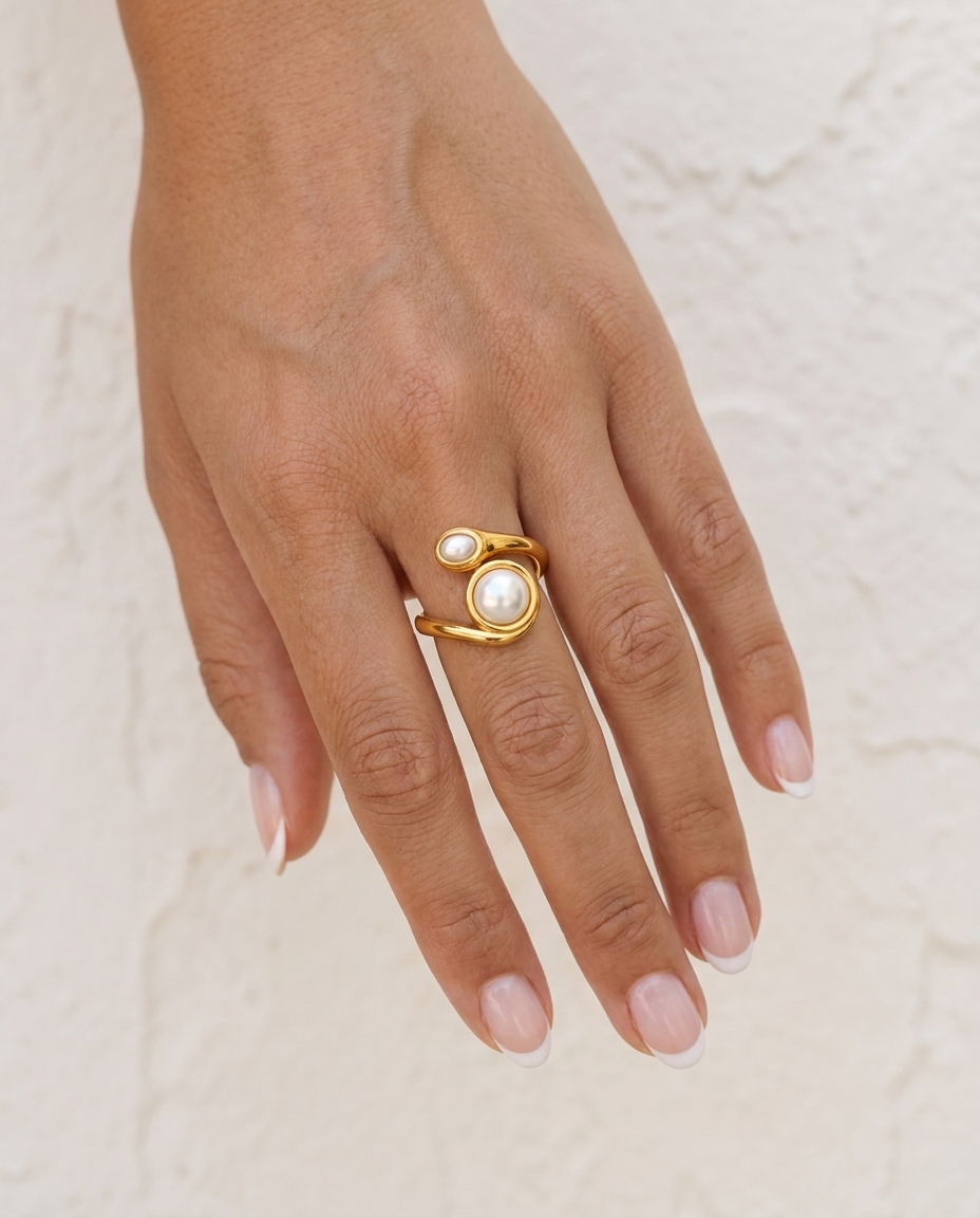 Double Pearl Twist Ring cream wall hand