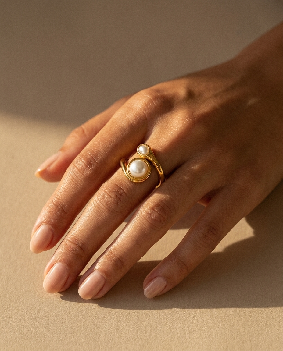 Double Pearl Twist Ring warm on hand
