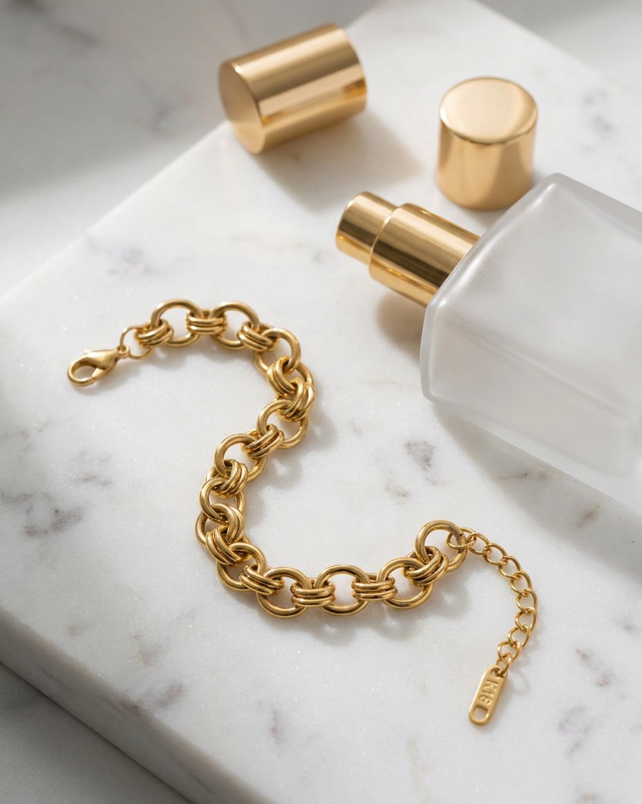 Anais Link Bracelet marble flatlay