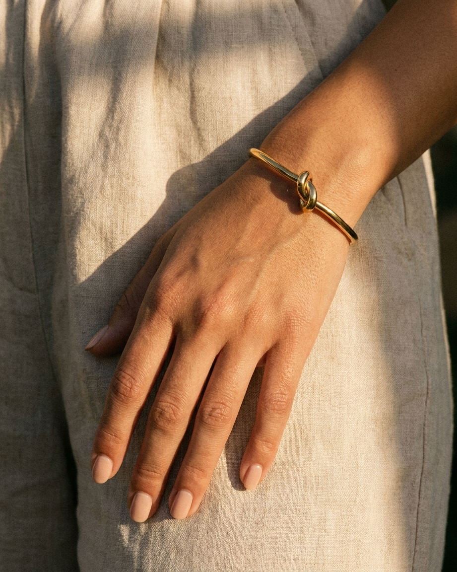 Elise Gold Knot Bangle warm on wrist