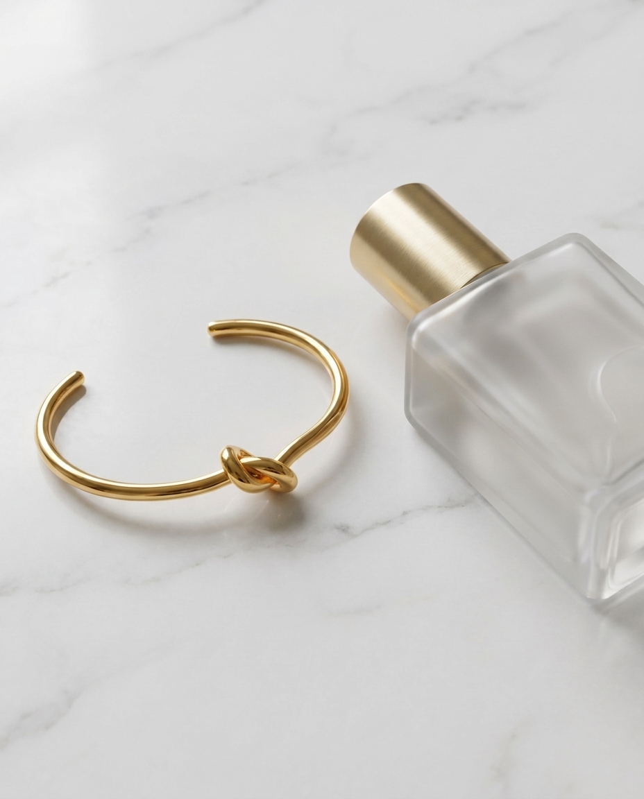 Elise Gold Knot Bangle marble flatlay