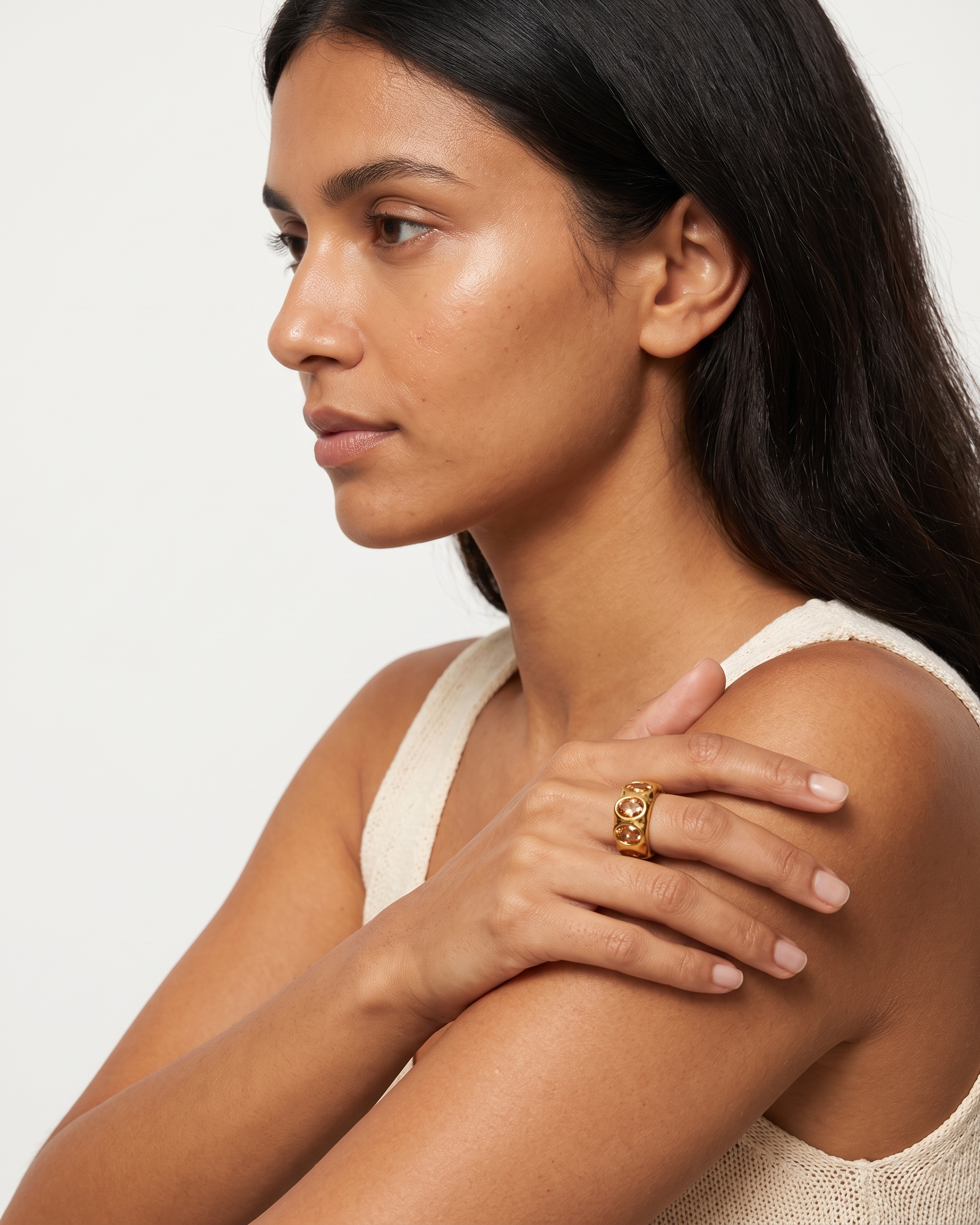 Clemence gold champagne zircon ring worn on model