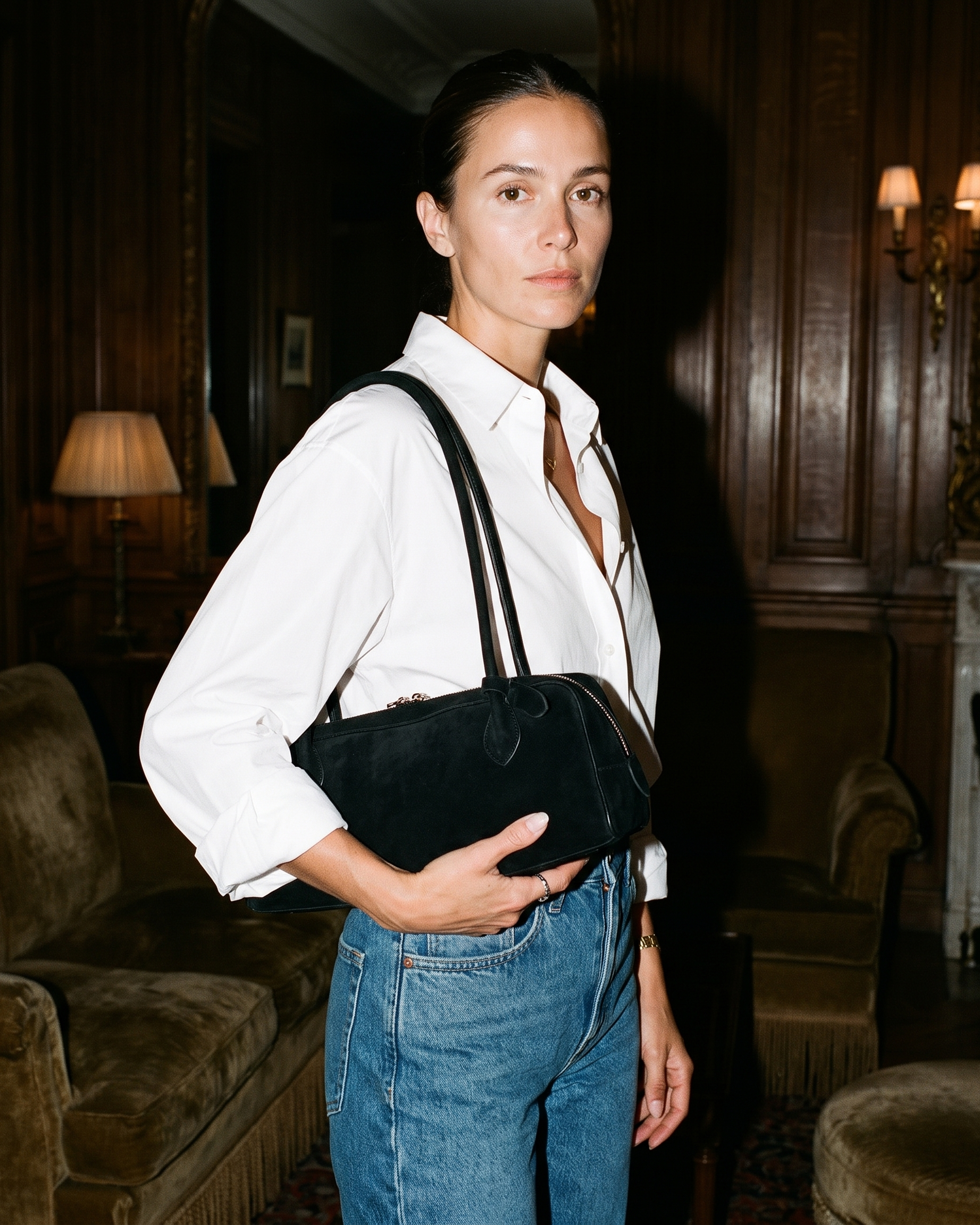 Salome black suede baguette bag editorial flash