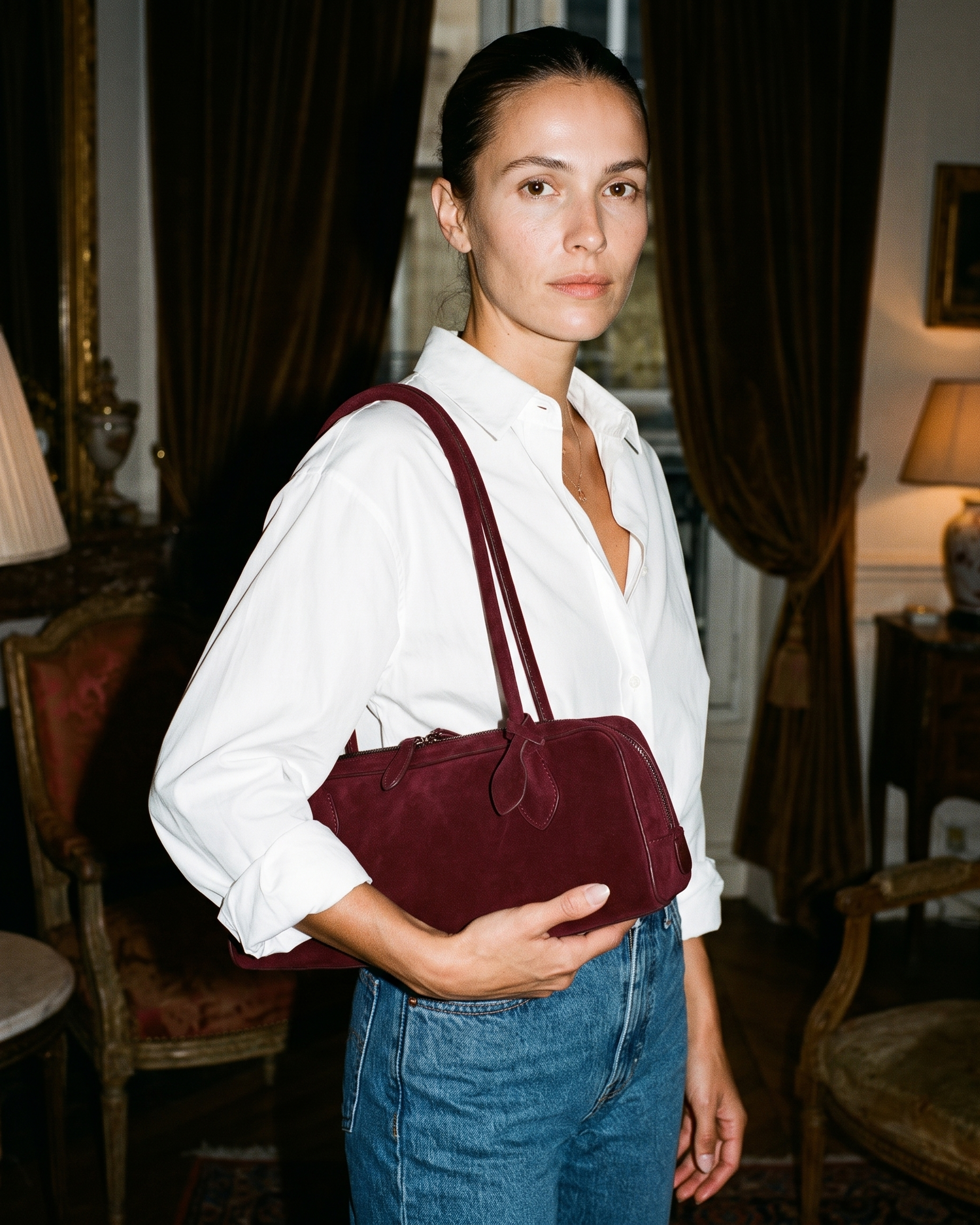 Salome burgundy suede baguette bag editorial flash