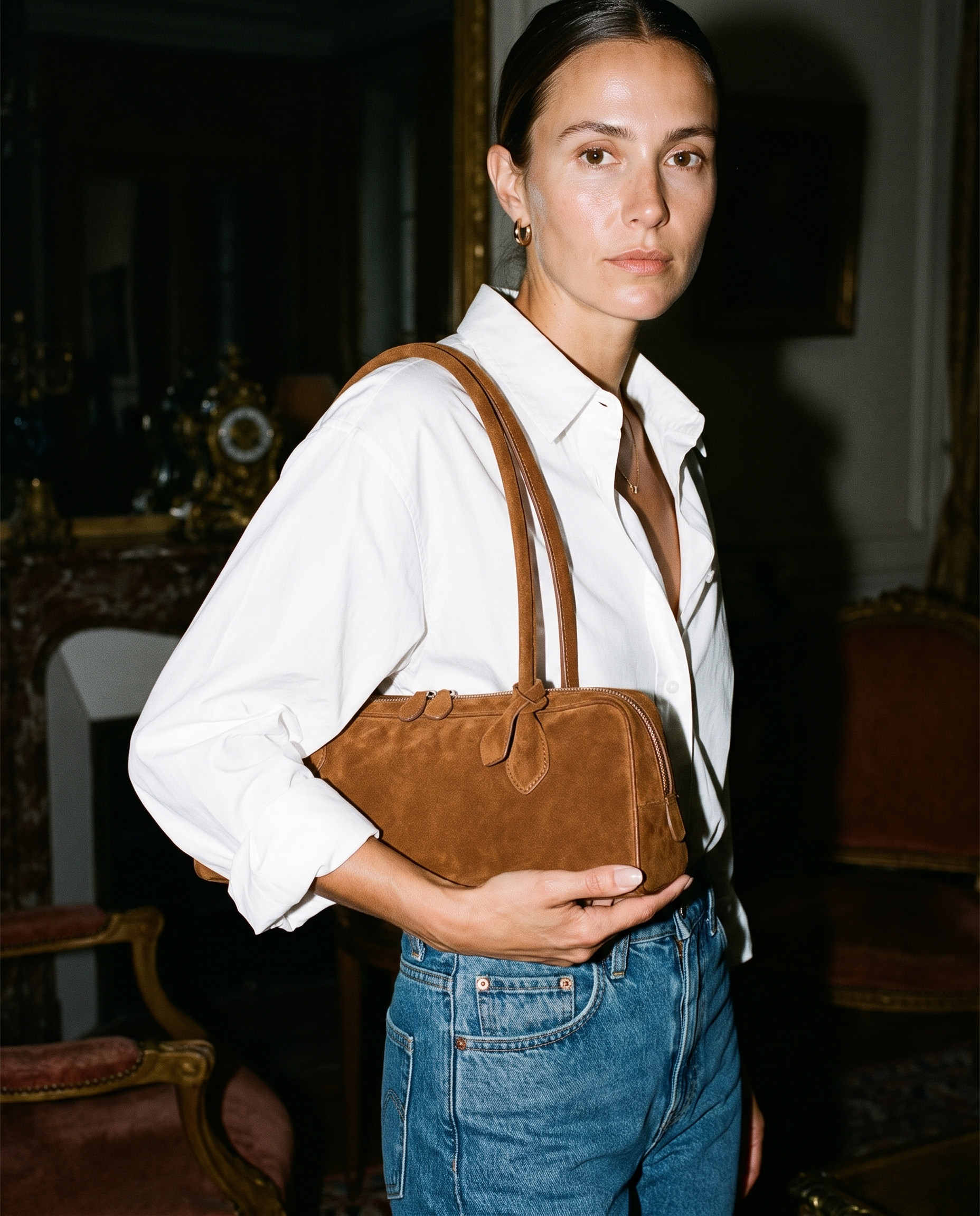 Salome cognac suede baguette bag editorial flash
