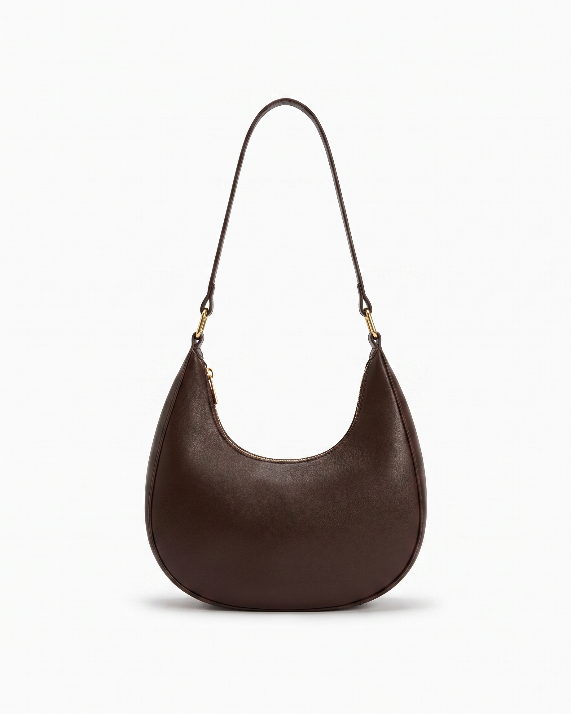 Josephine moon shaped shoulder bag in coffee on off white background