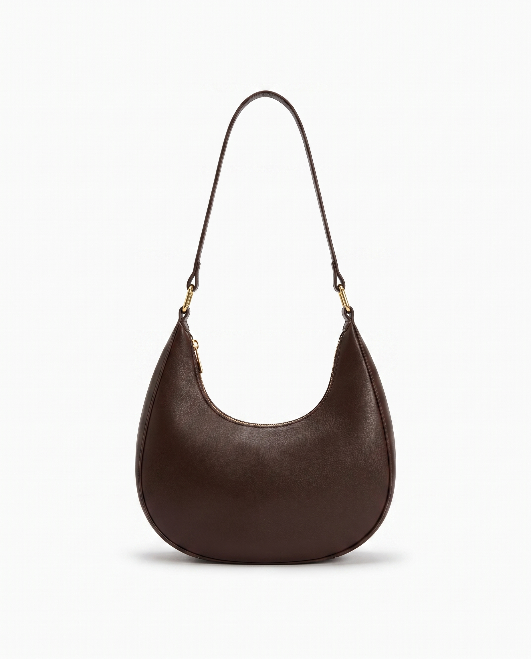Josephine moon shaped shoulder bag in coffee on off white background