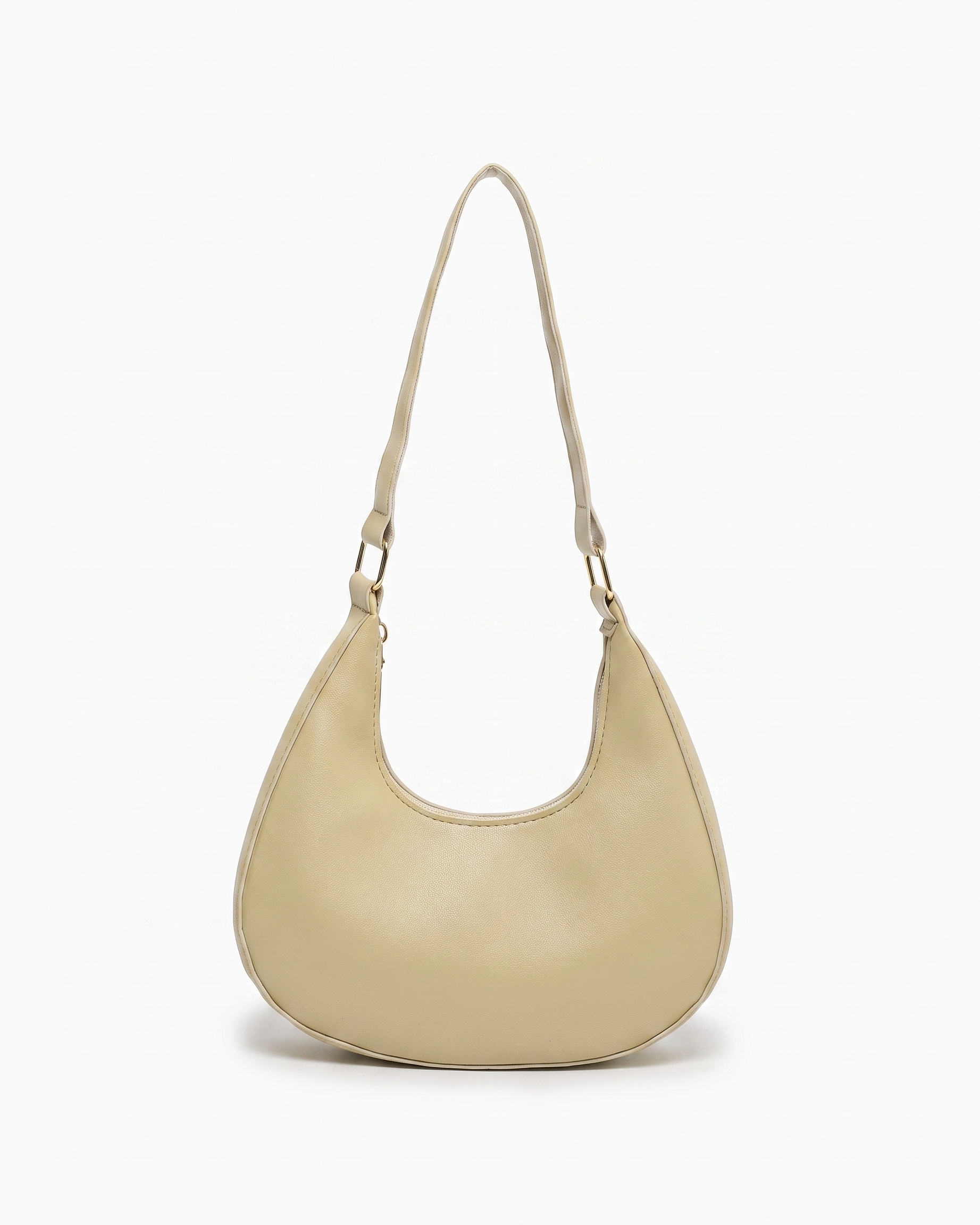Josephine moon shaped shoulder bag in khaki on off white background