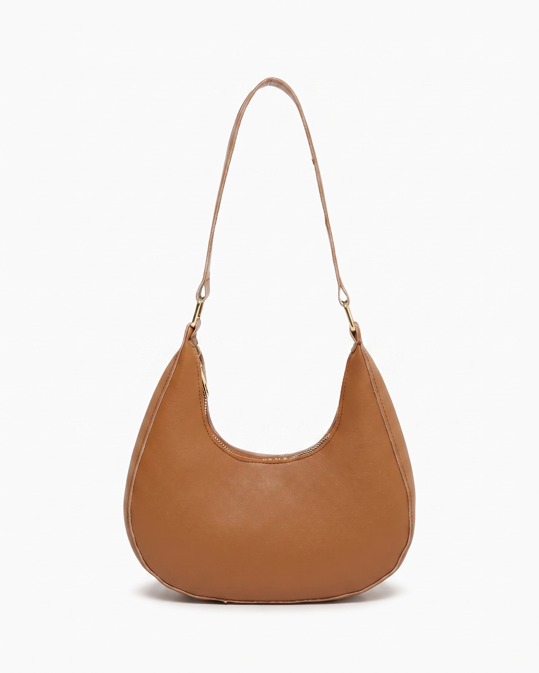 Josephine moon shaped shoulder bag in brown on off white background