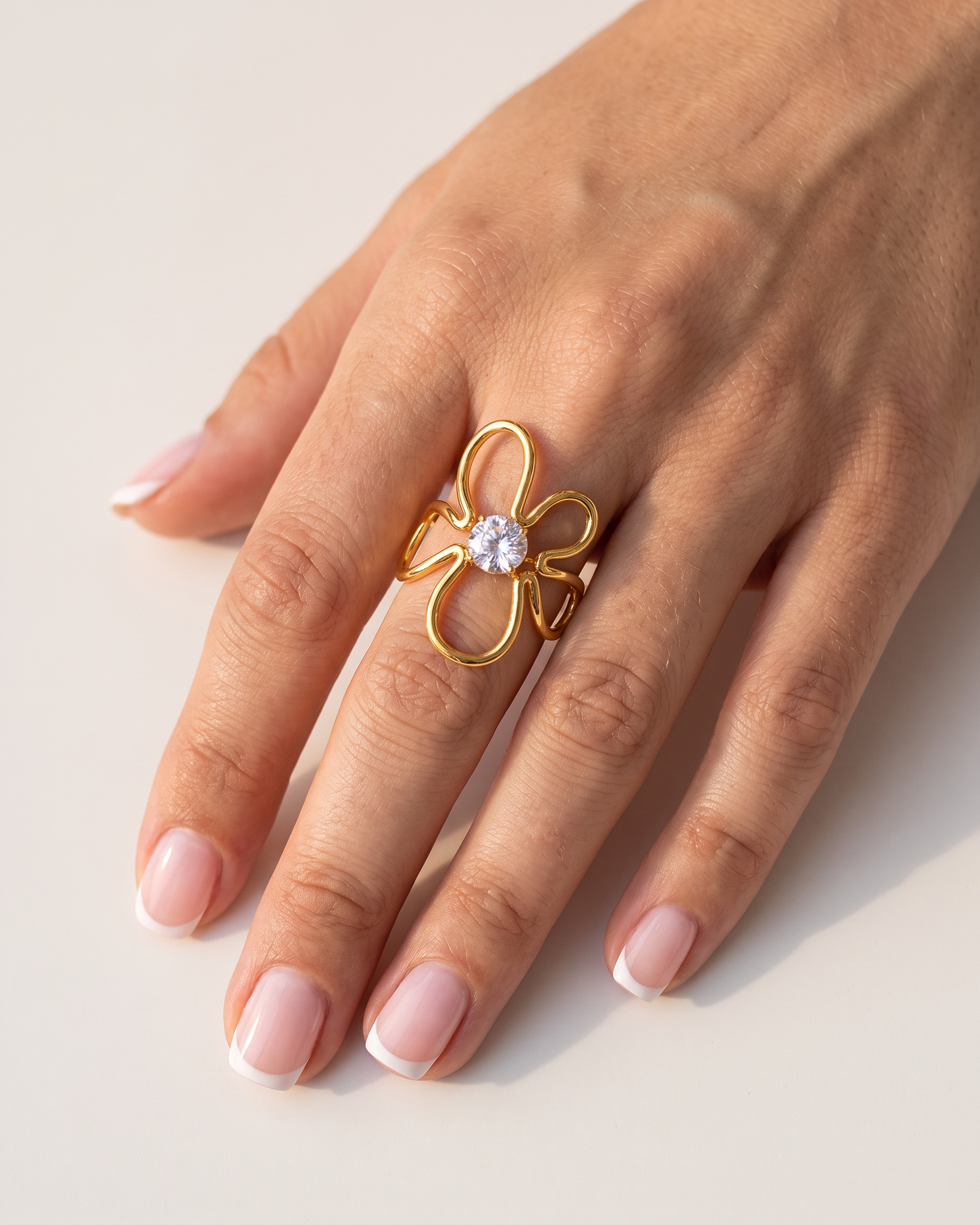 Lou white crystal ring worn on model hand