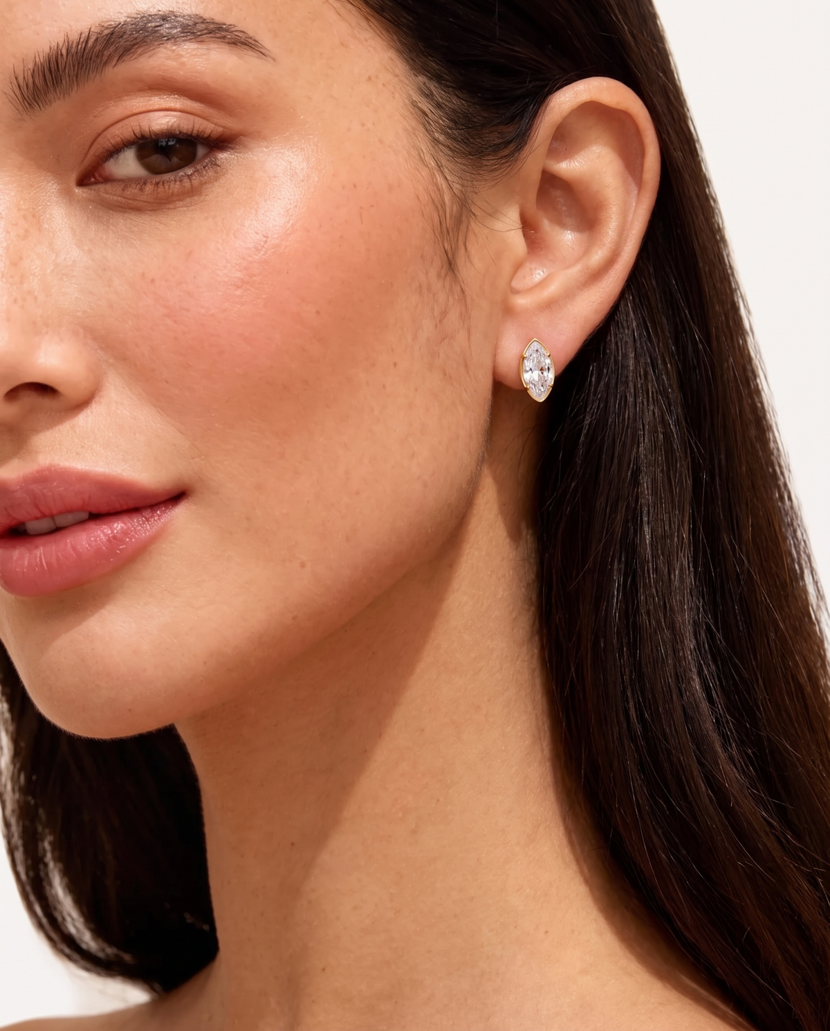 Margaux heart stud earring worn on olive skinned model