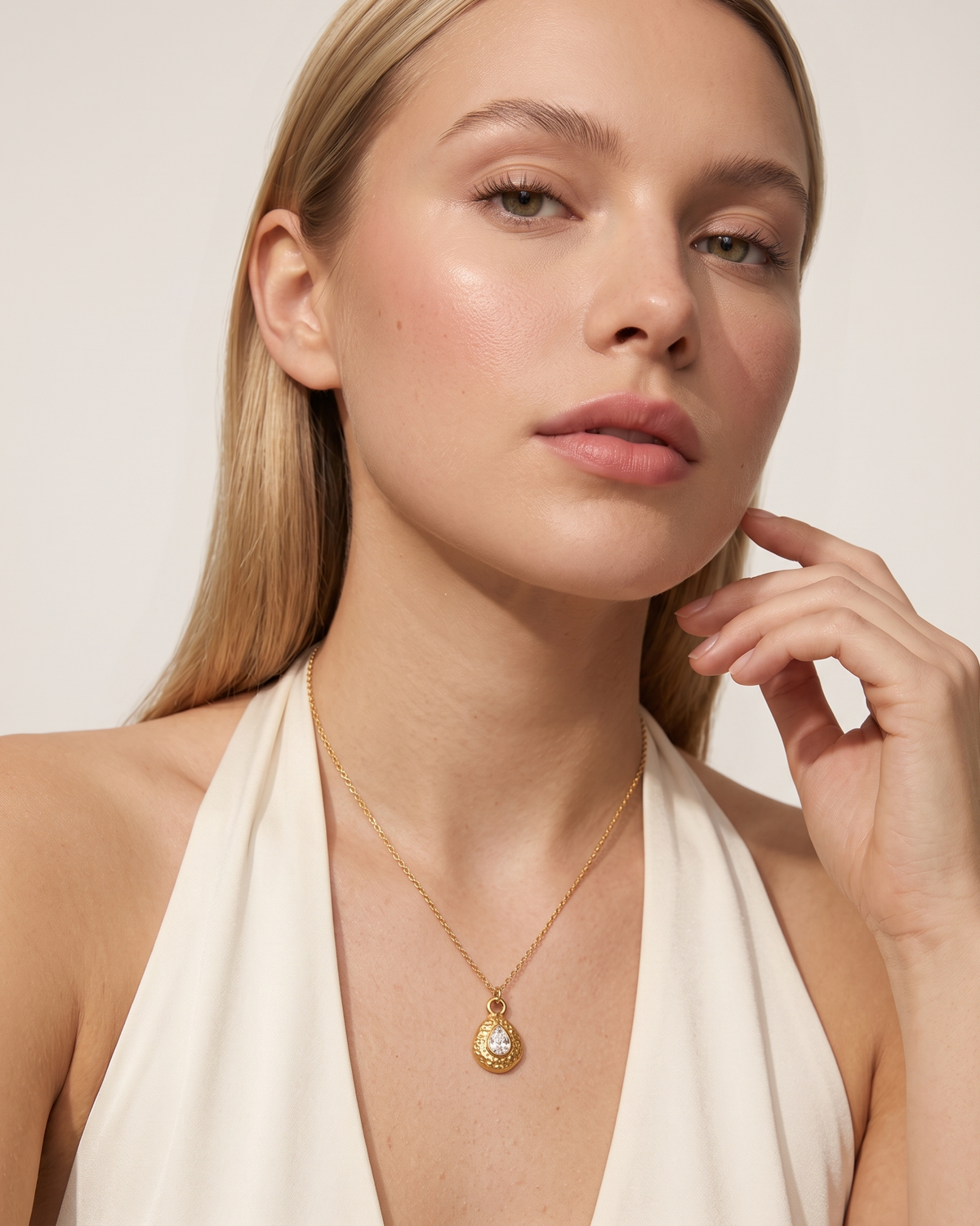 April diamond necklace worn on model