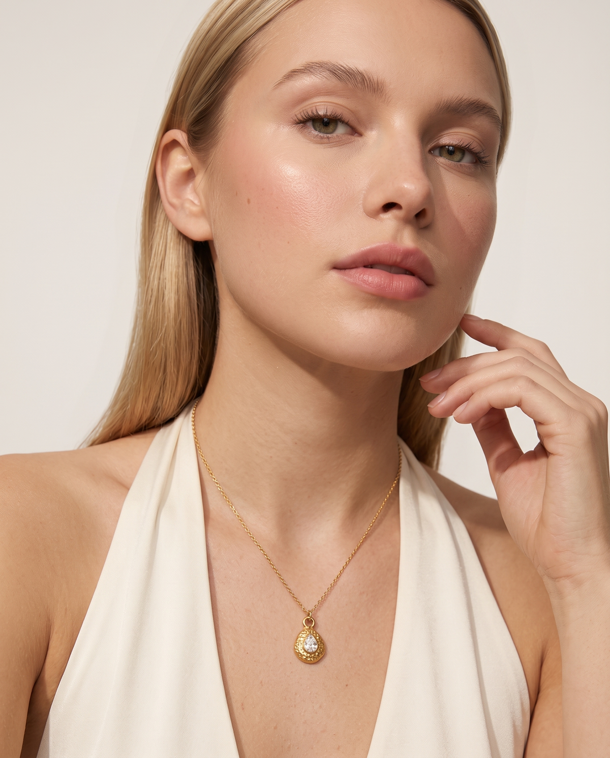 April diamond necklace worn on model