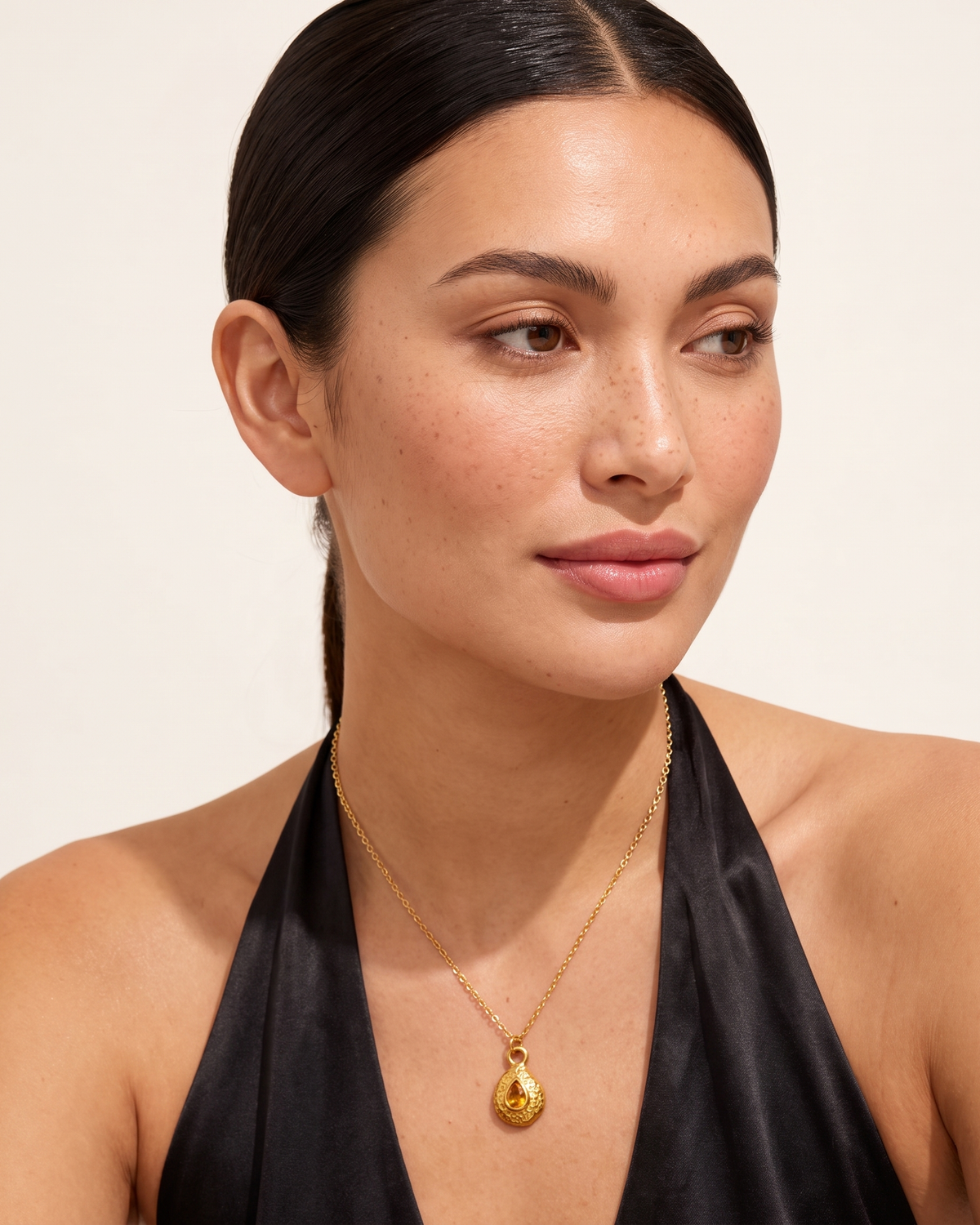 November citrine necklace worn on model second