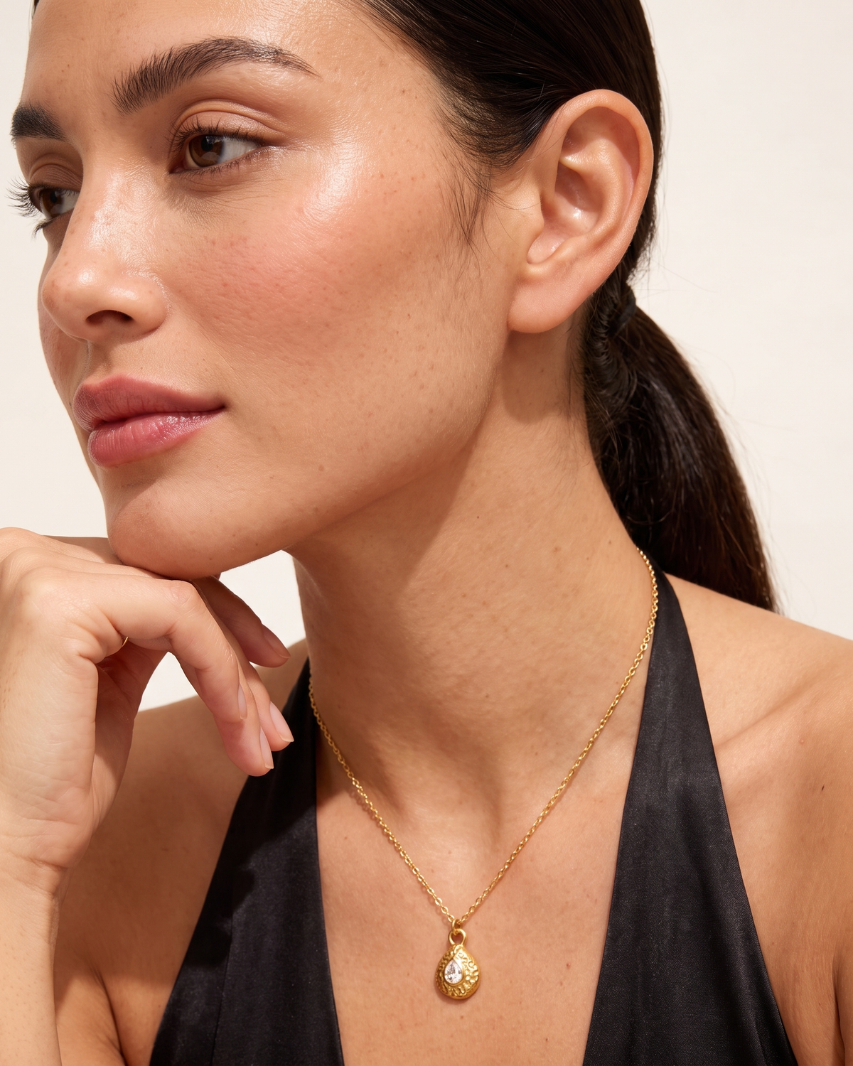 April diamond necklace worn on model second