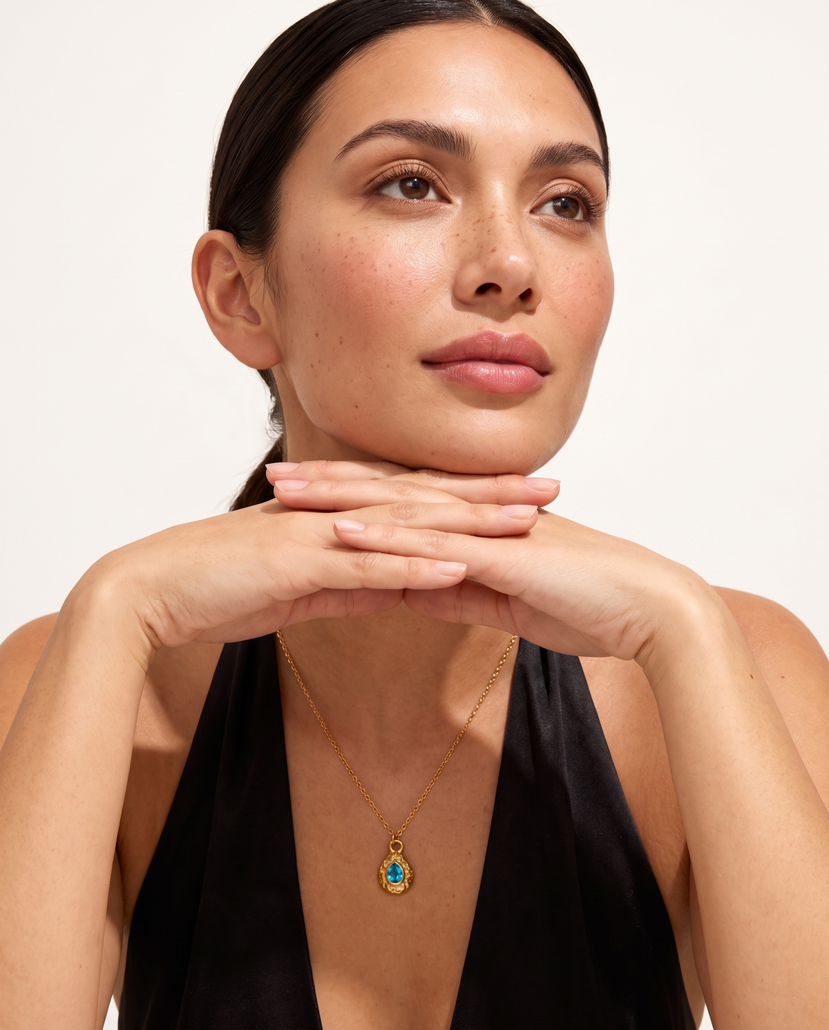 December turquoise necklace worn on model second