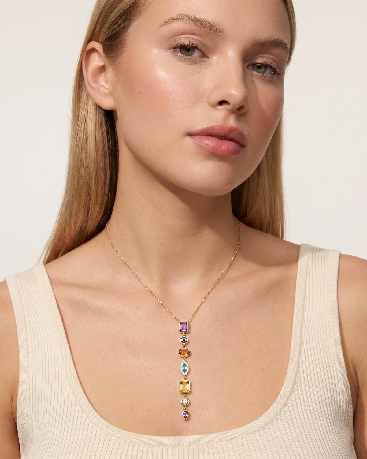 Celeste colourful necklace worn on blonde model
