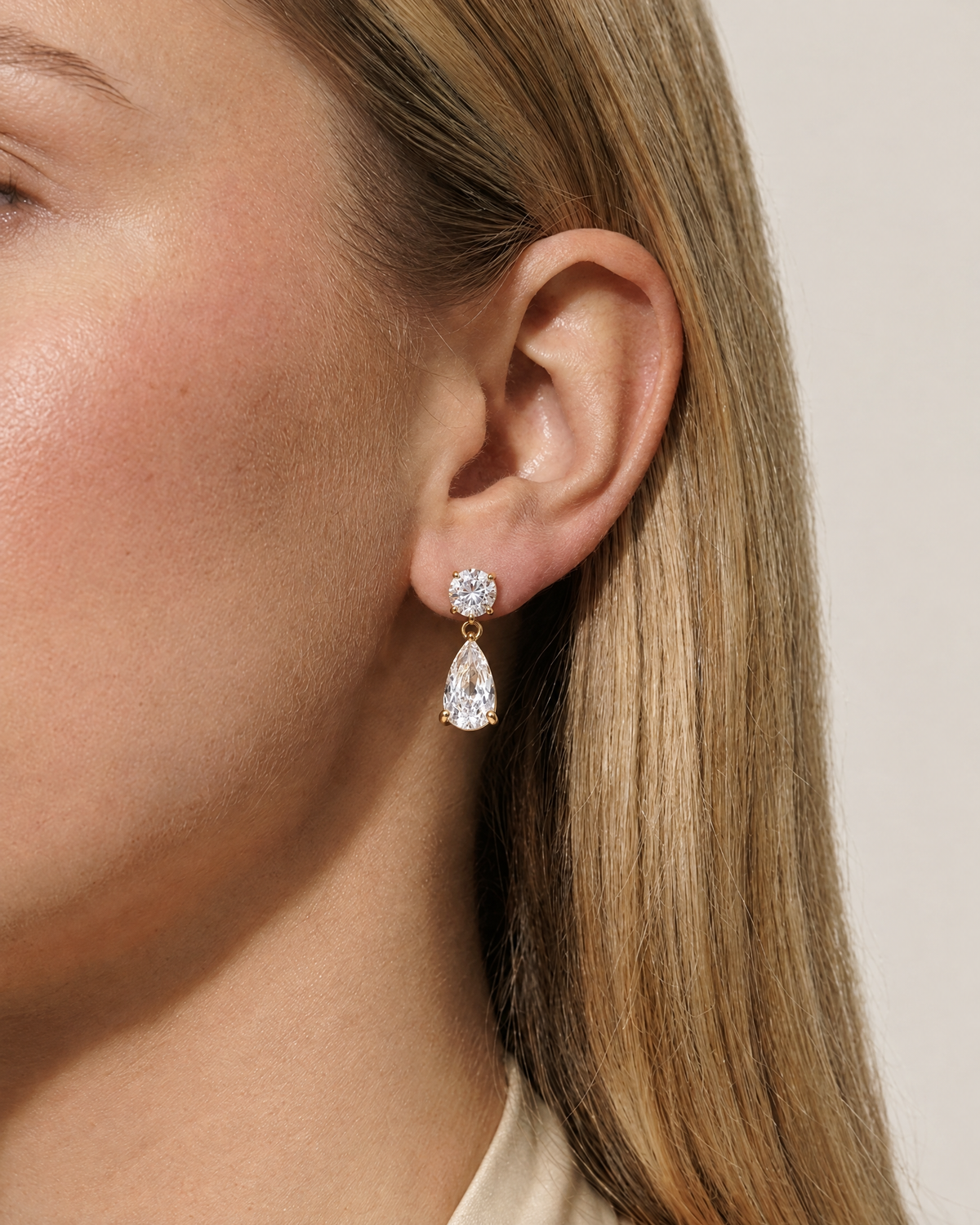 Paulette Drop Earrings, 18k gold-plated, on model