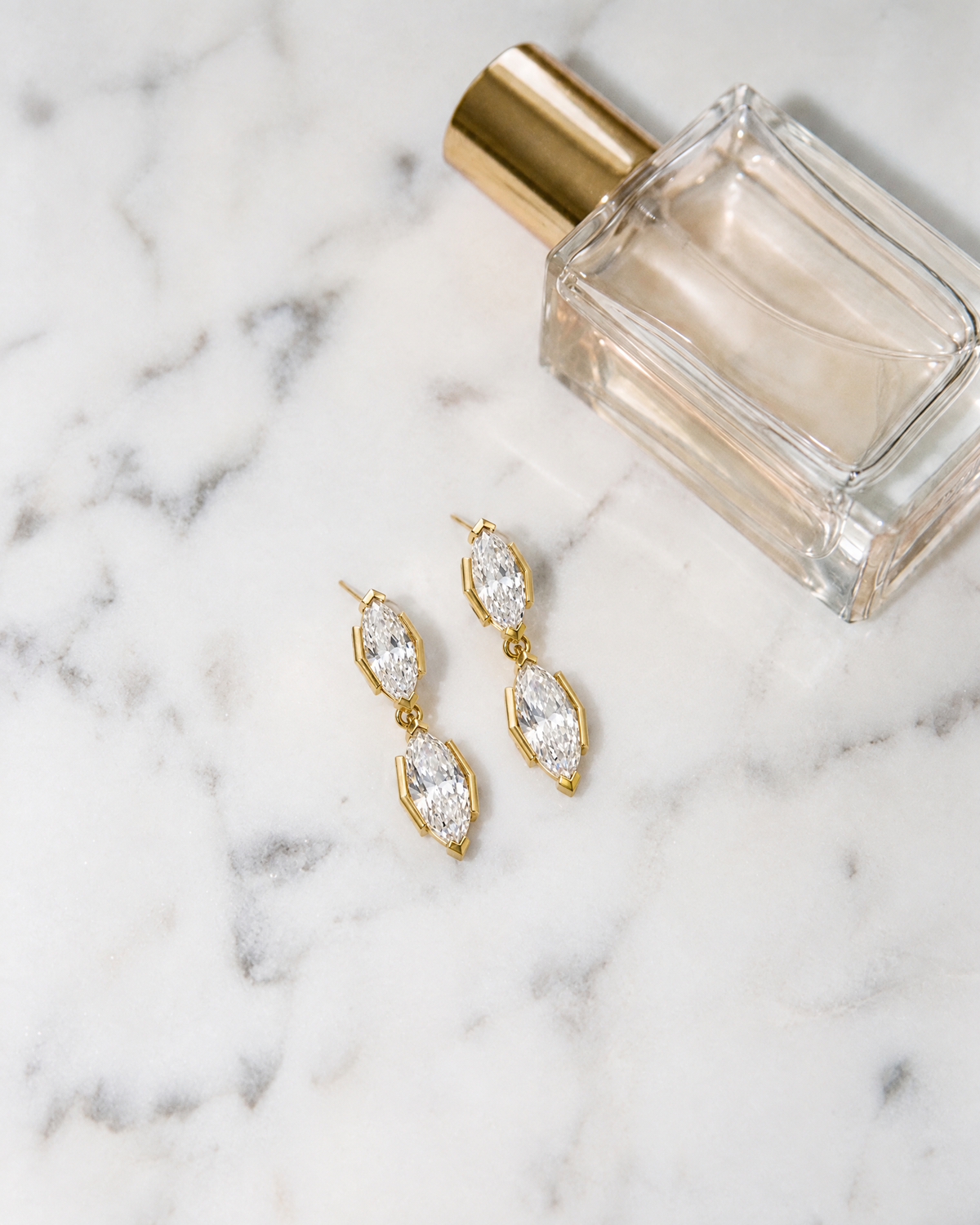 Isaure Marquise Drop Earrings, 18k gold-plated, flatlay