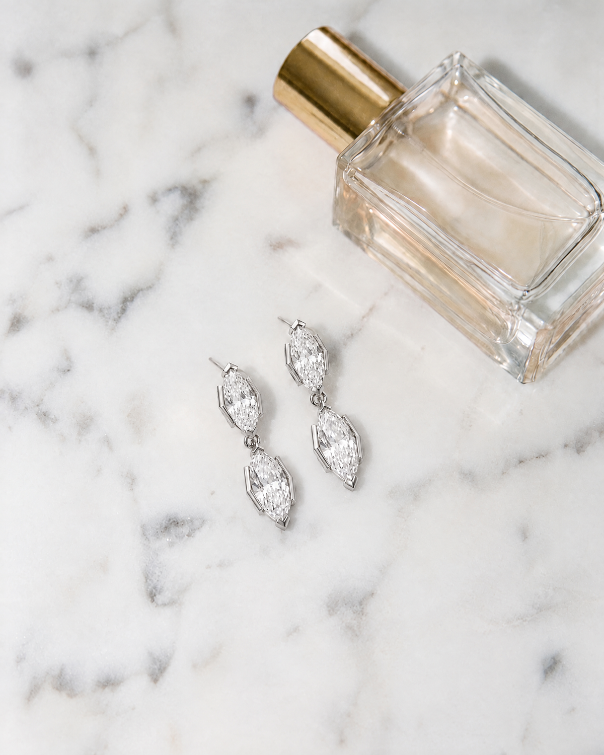 Isaure Marquise Drop Earrings, silver, flatlay
