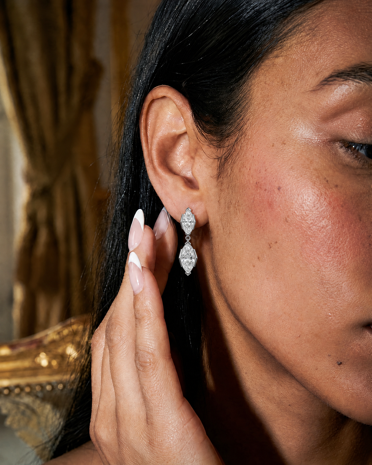 Isaure Marquise Drop Earrings, silver, worn