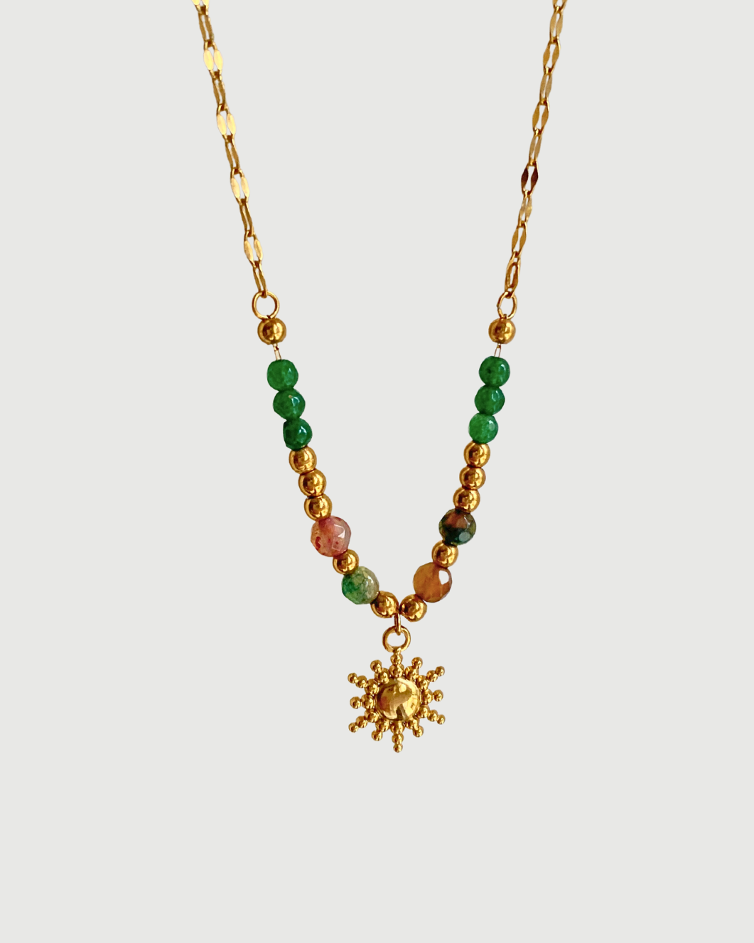 Delphine 18k Gold-Plated Necklace with Green & Multicolor Beads – Adjustable Tarnish-Free Chain – Sun Pendant