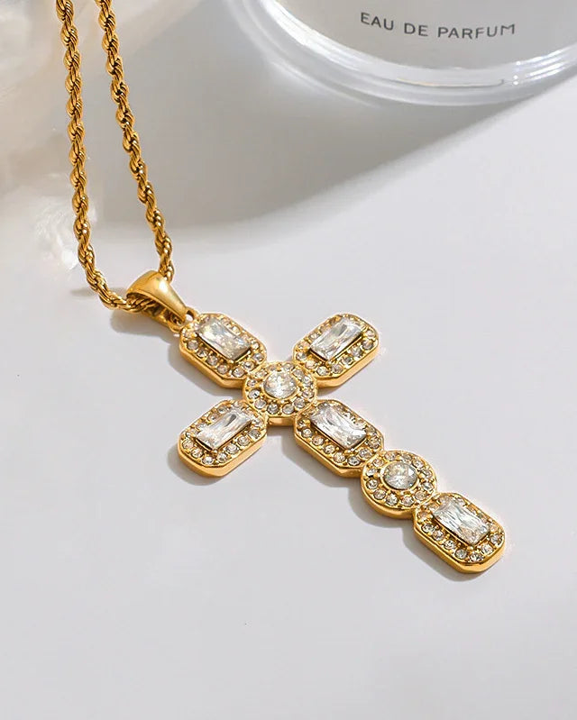 Evangelina Diamond Cross Necklace in 18k Yellow Gold – Radiant Sparkle