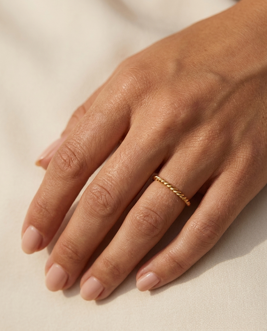 Sabine Ring worn on hand minimalist gold band