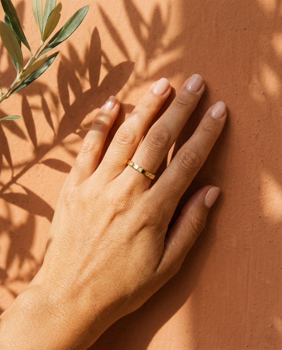 Calla Stacking Ring on hand Mediterranean lifestyle gold
