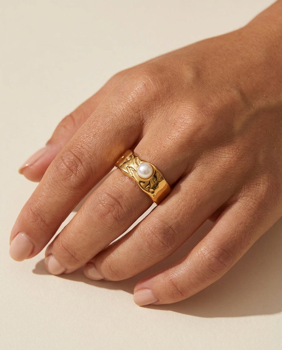Bianca Pearl Ring worn on hand chunky gold pearl