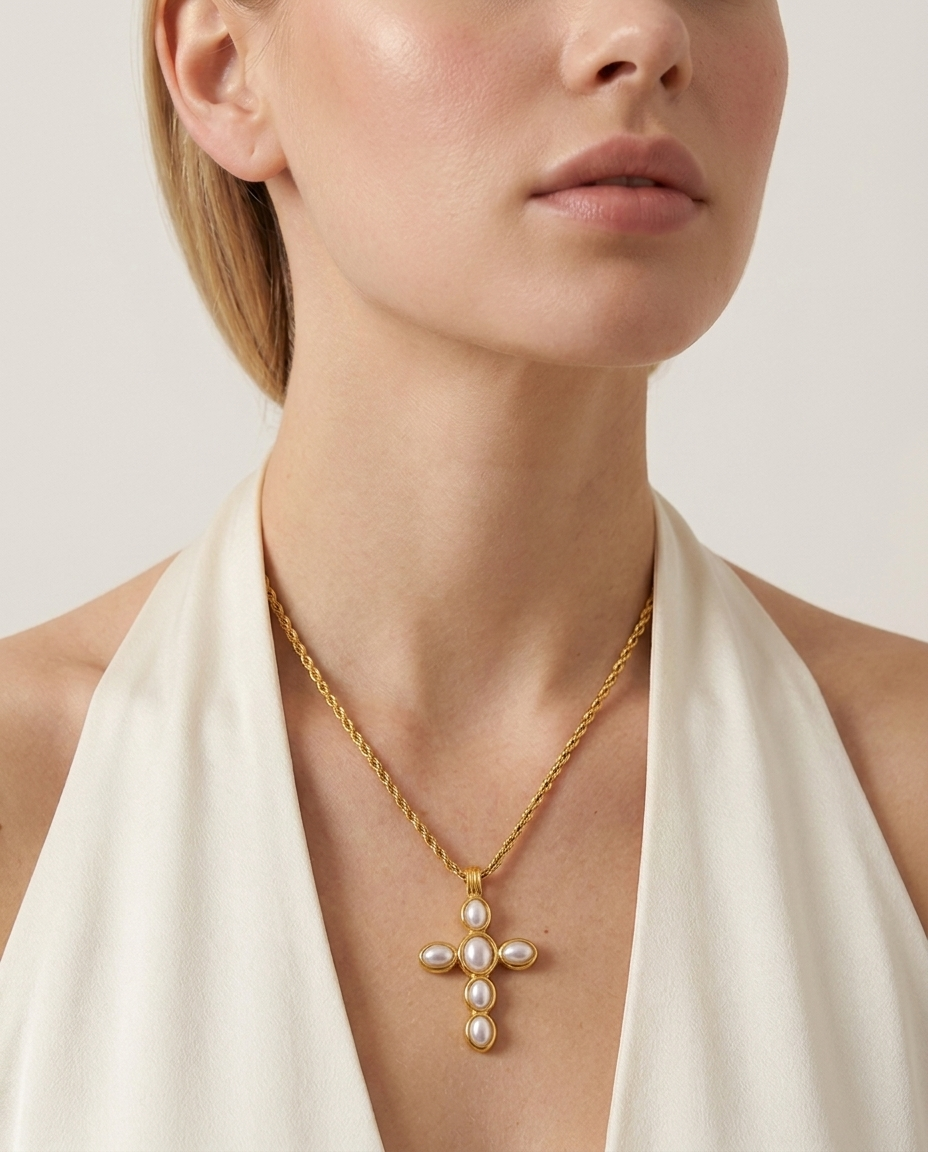 Liora Cross Necklace worn on neckline gold cross