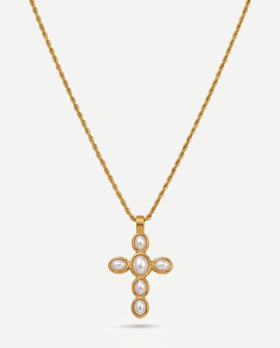 Liora Cross Necklace gold cross symmetric hero light grey