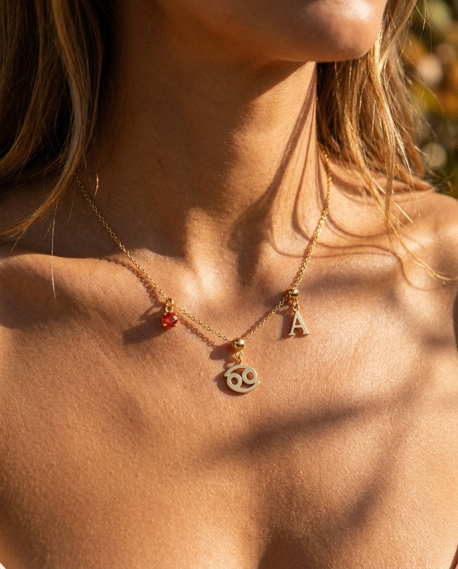 Cancer zodiac charm necklace styled on model