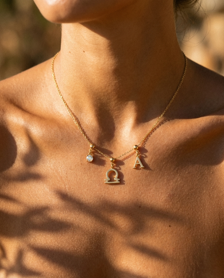 Libra zodiac charm necklace styled on model