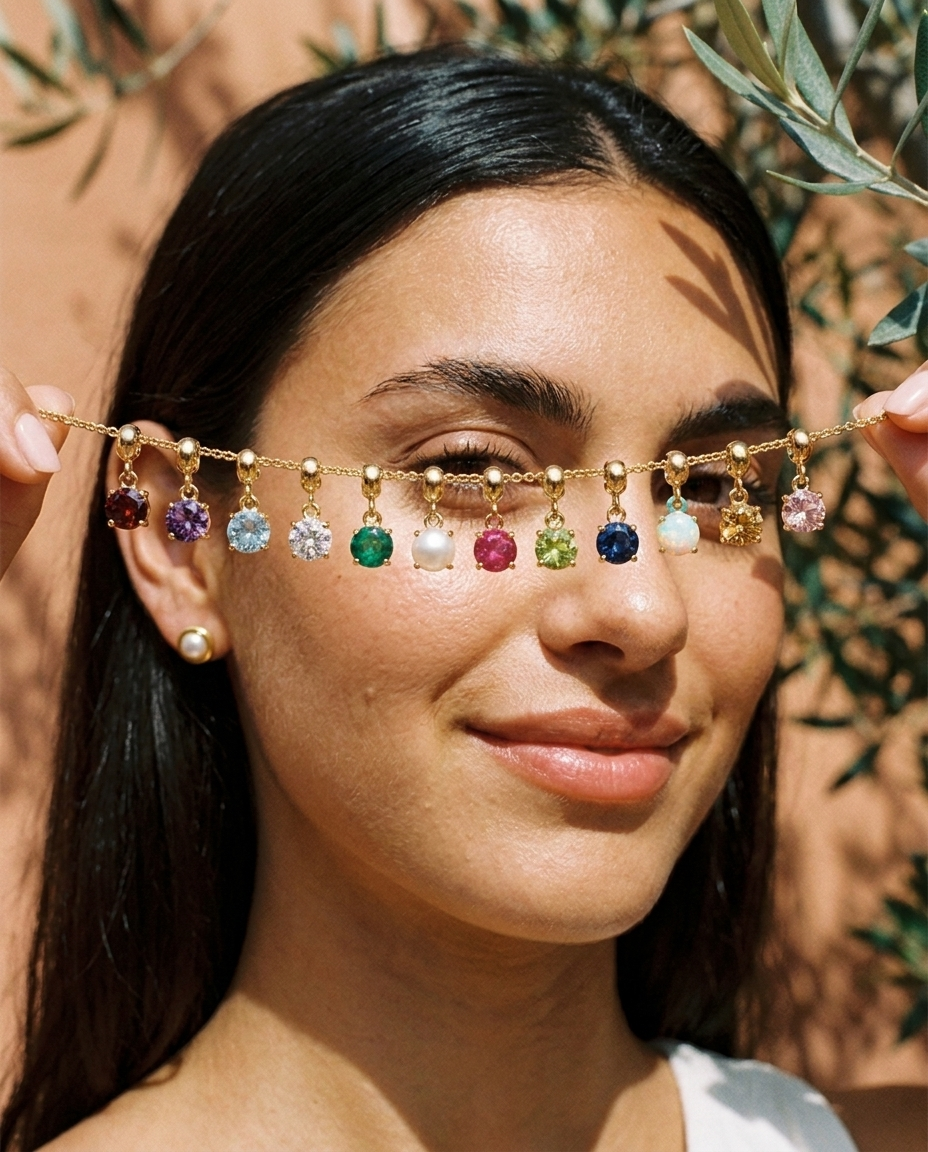 Birthstone charm range on a gold chain, compatible with Liv chains