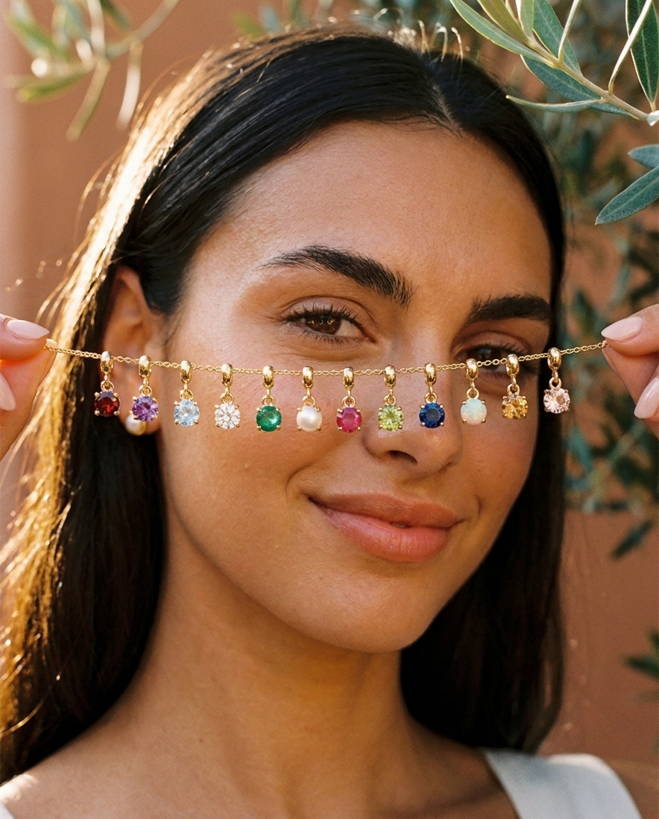 Birthstone charms lifestyle held near model face