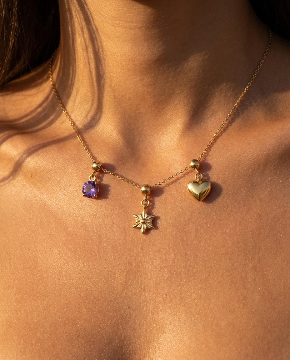 Sunburst star charm styled with February amethyst and heart on chain