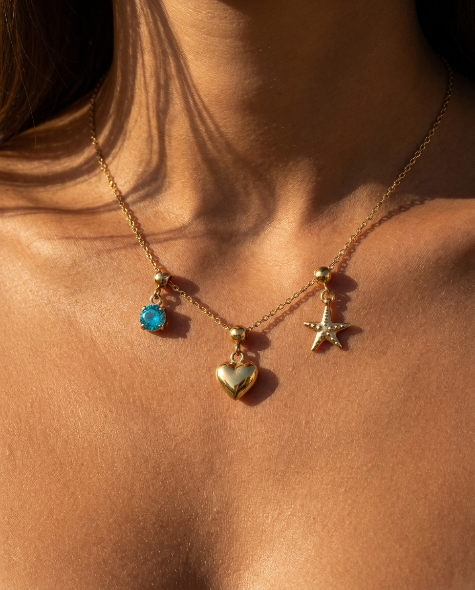 Heart charm styled with December turquoise and starfish on chain
