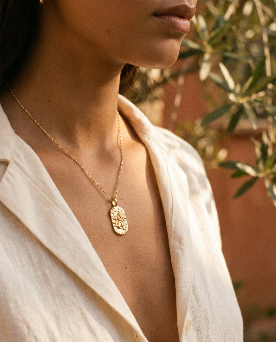 Gold zodiac Leo pendant necklace worn, warm Mediterranean crop