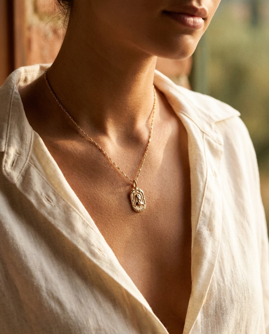 Gold zodiac Virgo pendant necklace worn, warm Mediterranean crop