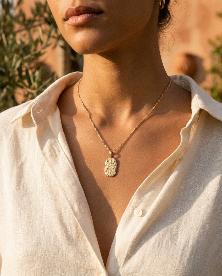 Gold zodiac Libra pendant necklace worn, warm Mediterranean crop