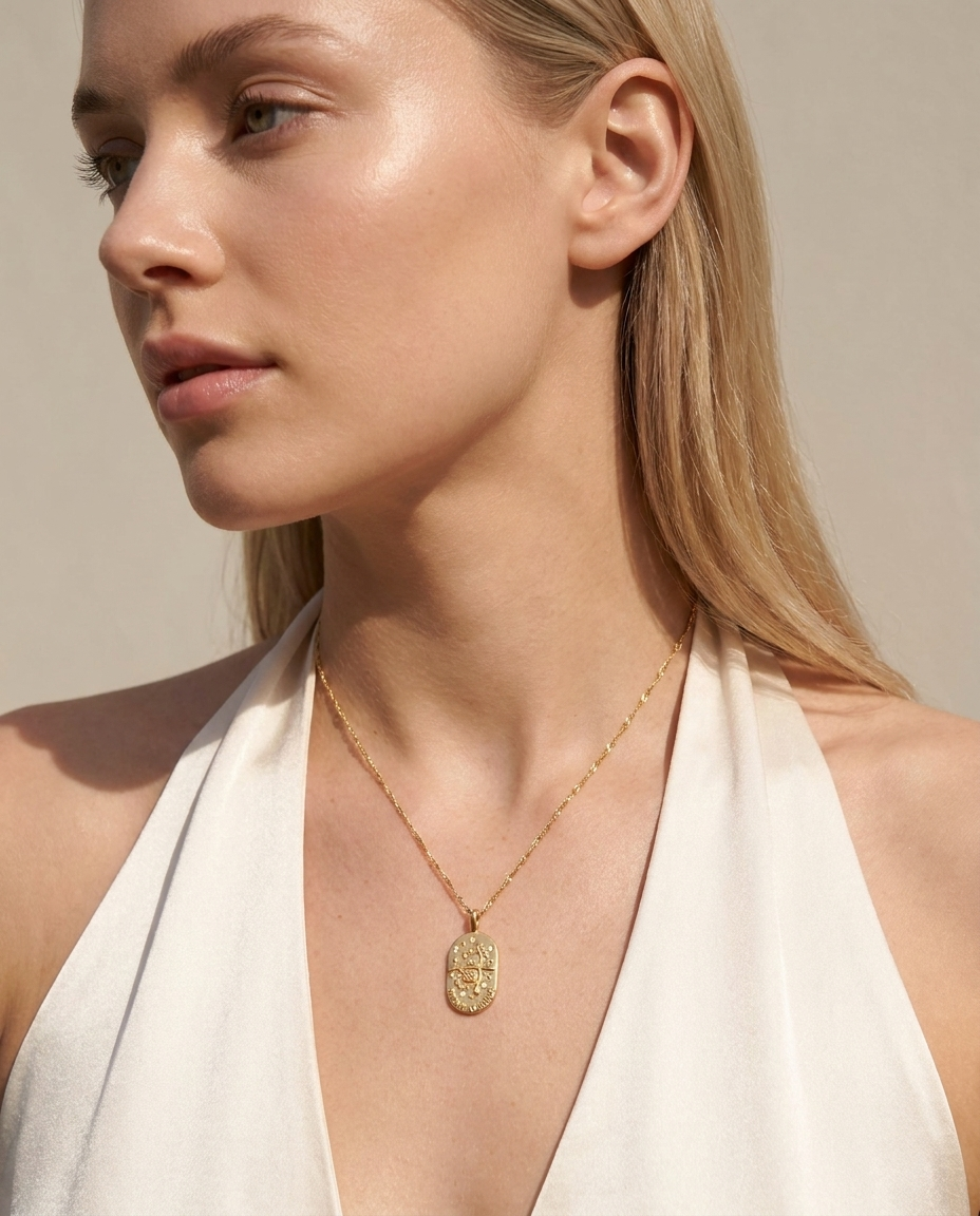 Woman wearing gold zodiac Sagittarius pendant necklace, neckline