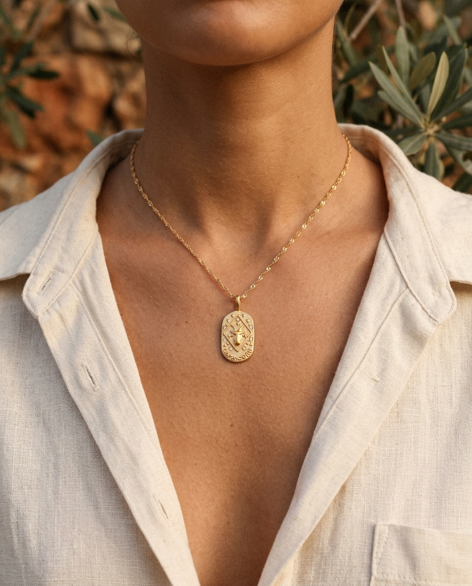 Gold zodiac Capricorn pendant necklace worn, warm Mediterranean crop