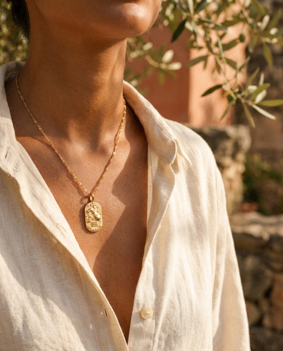 Gold zodiac Aquarius pendant necklace worn, warm Mediterranean crop