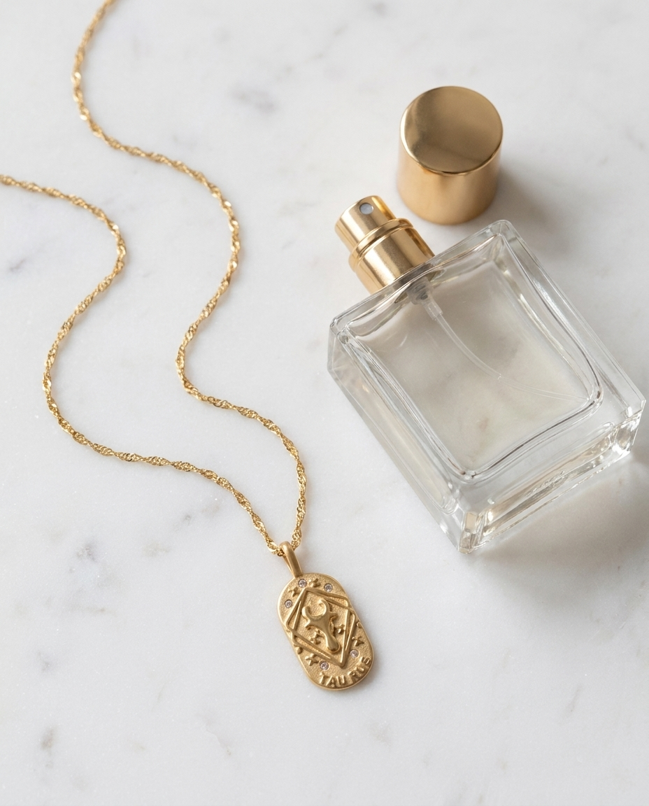 Gold zodiac Taurus pendant necklace flatlay, marble
